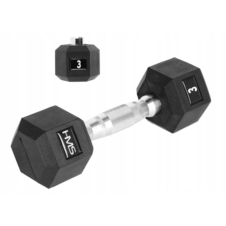 Hantela/gantera HMS HEX PRO cu forma hexagonala, invelis cauciucat, maner striat pentru priza sigura, Negru, 3 kg