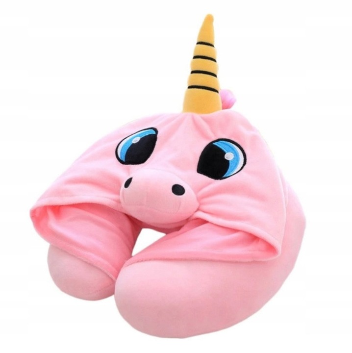 Párna nyakpárna / utazópárna Pan i Pani Gadzet Unicorn, plüss, kapucnis, rózsaszín, 1 db