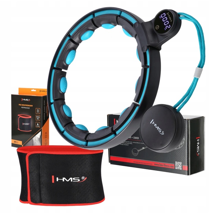HMS, Mágneses hula-hoop szett számlálóval és neoprén karcsúsító övvel – 2 darab, fekete/türkiz, fekete/piros, univerzális