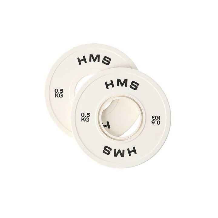 Set 2 bucati, Discuri pentru bara olimpica / placi de greutate HMS CBRS05, otel acoperit cu guma, diametru interior 51 mm, alb, 2 x 0,5 kg