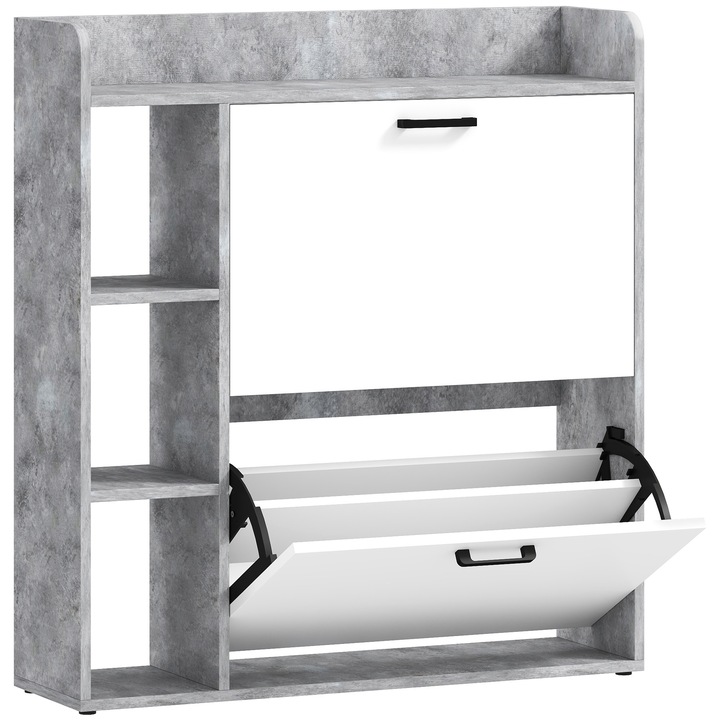 Dulap pentru pantofi slim cu 2 Sertare Rabatabile si 3 Compartimente Deschise, HOMCOM，PAL，83x24x90.5 cm, Gri