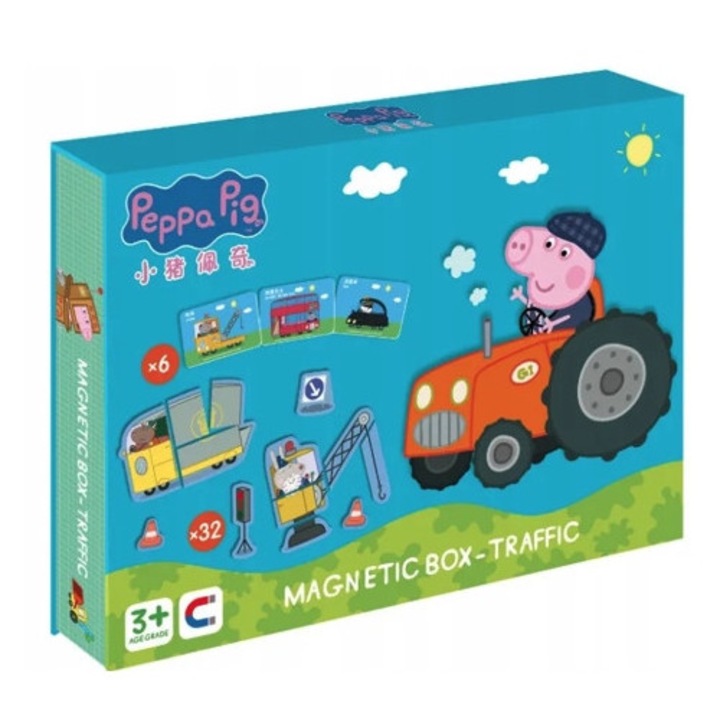 Магнитна дъска Pan i Pani Gadzet Peppa Pig, магнитен пъзел с превозни средства, 32 магнита, 6 плана, Многоцветен, 1 комплект