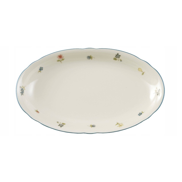 Platou oval/tava ovala Seltmann Weiden Marie‑Luise Streublume, portelan dur, compatibil cu cuptor si microunde, bej, 23,5 x 14 cm, 1 buc.