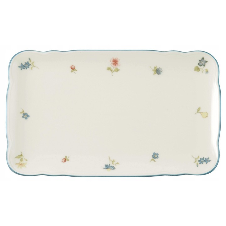 Platou dreptunghiular/tava Seltmann Weiden Marie-Luise Streublume din portelan, cu decor floral, alb cu margine albastra, 20 x 12.5 cm