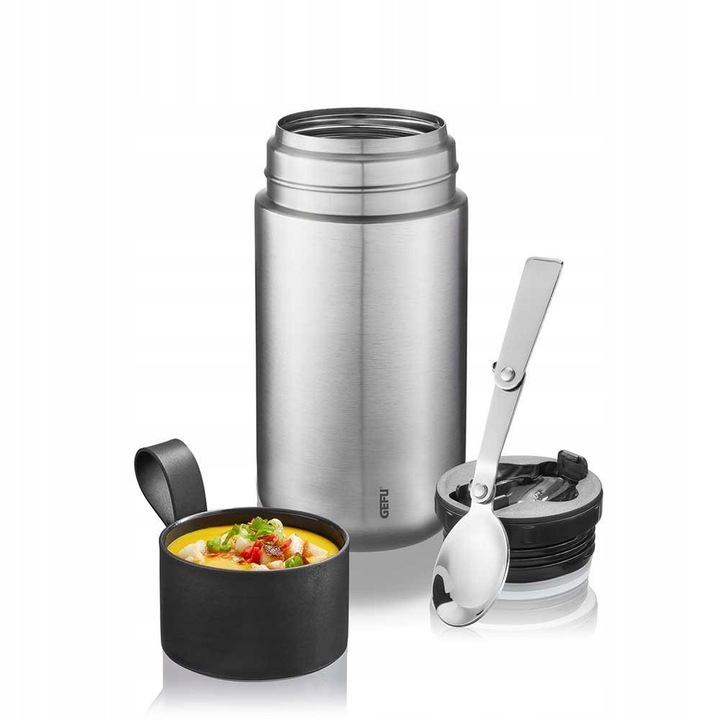 Termos recipient termic Gefu Careo, dublu perete din otel inoxidabil, etans 100%, cu lingura pliabila inclusa si capac care serveste drept ceasca, argintiu, 600 ml