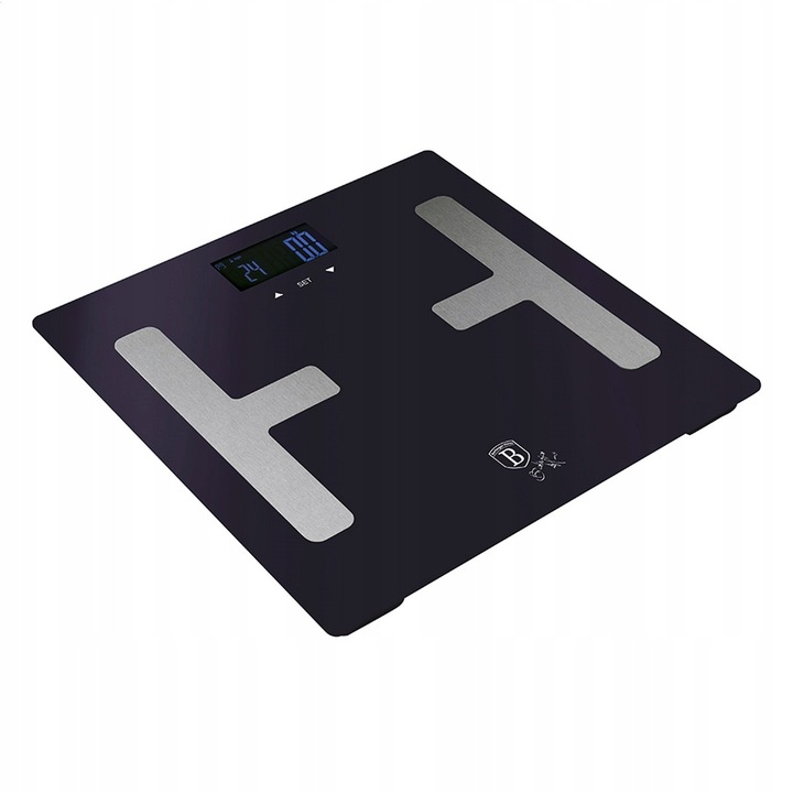 Кантар за баня Berlinger Haus BH-9223 Purple Eclipse, анализ на телесния състав (мазнини, вода, мускулна маса, костна маса), LCD дисплей, капацитет 150 кг, закалено стъкло, лилав, 30x30x2 см
