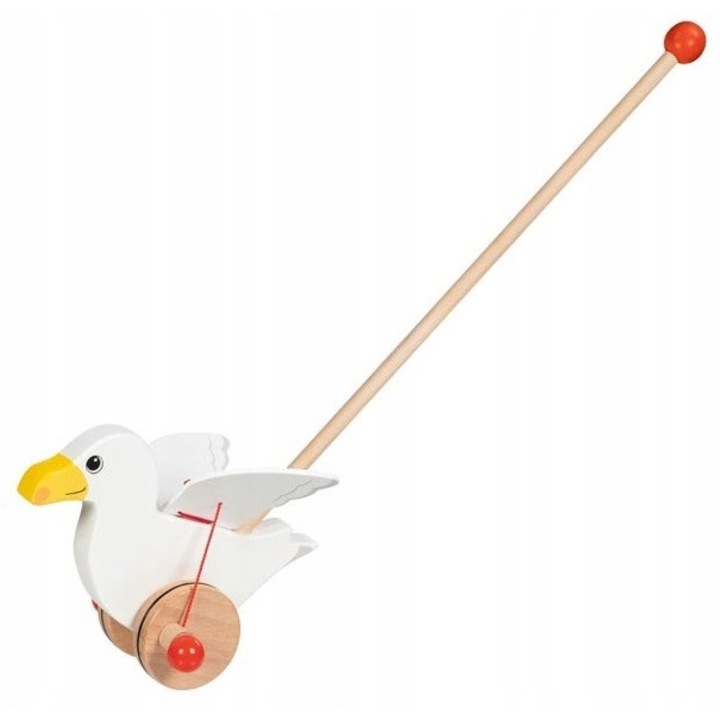 Jucarie de impins Goki Mewa 54861, din lemn, cu tija infiletata detasabila si roti din lemn, aripi mobile, Multicolor, 1 buc