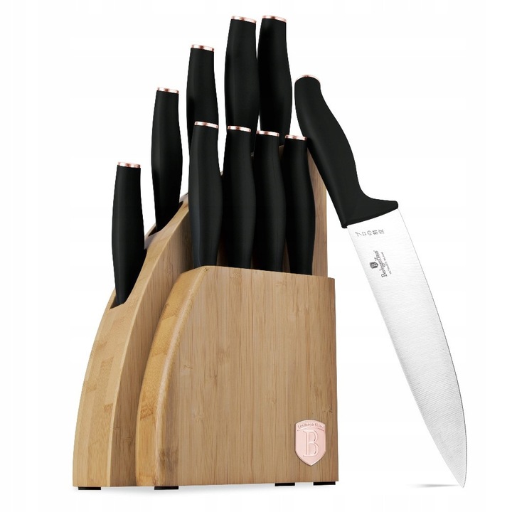 Berlinger Haus Black Rose Collection késkészlet, 3CR13 rozsdamentes acél, ergonomikus nyél, bambusz állvány, kézzel készített pengék, fekete/rózsaarany, 10 darab