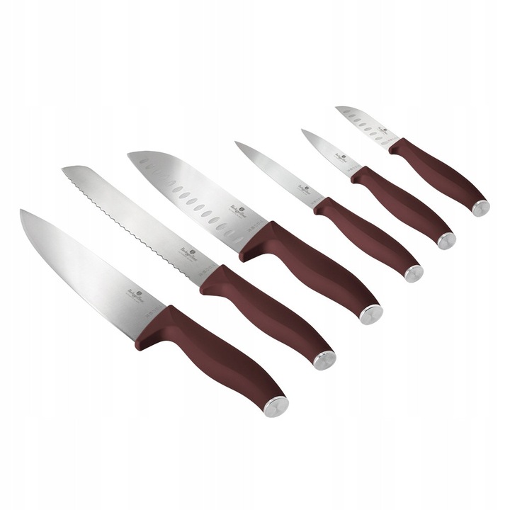 Berlinger Haus BH2951 Leonardo 6 részes késkészlet (séf 20 cm, kenyér 20 cm, Santoku 17,5/9 cm, univerzális 12,5 cm, hámozó 9 cm), hőkezelt rozsdamentes acél pengék, ergonomikus bordó soft-touch markolatok