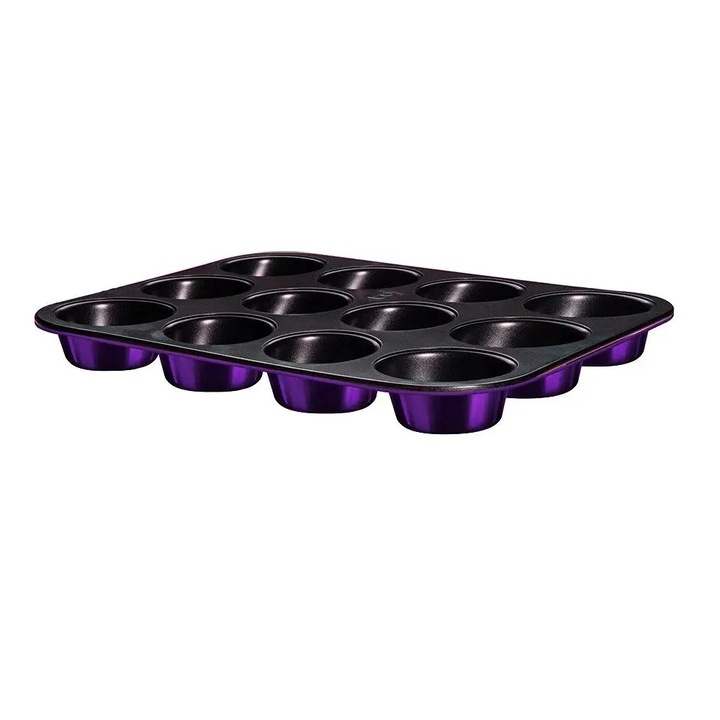 Форма за 12 мъфина Berlinger Haus BH-6800 Purple Eclipse, от стомана с незалепващо покритие без PFOA, устойчива на температури -20/+220°C, виолетова, 35 x 26,5 x 3 см