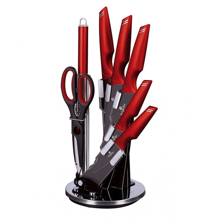 Berlinger Haus BH-2686 Burgundy Edition 9 részes konyhakés készlet, rozsdamentes acél tapadásmentes bevonattal, csúszásmentes soft touch markolat, piros