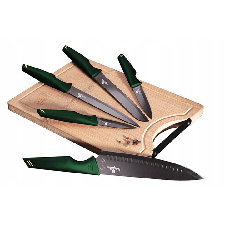 Berlinger Haus Emerald Collection BH-2706 konyhakés készlet, rozsdamentes acél tapadásmentes bevonattal, ergonomikus soft-touch fogantyúk, bambusz vágódeszkával, zöld/fekete, 5 részes
