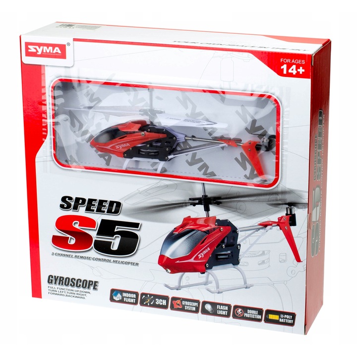Syma S5 3CH rádióvezérlésű helikopter, giroszkóp a stabilizáláshoz, 3 csatorna, stabil és könnyen irányítható, távirányítón keresztül tölthető, piros, 1 db