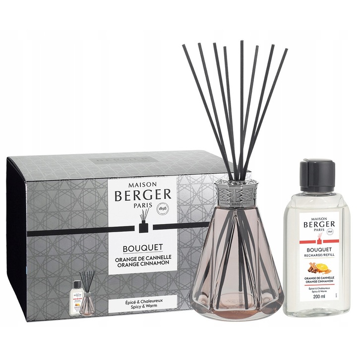 Set difuzor cu betisoare parfumate Maison Berger Paris Piramida, sticla, 8 betisoare polimerice, parfum Portocala cu scortisoara, Roz, 200ml