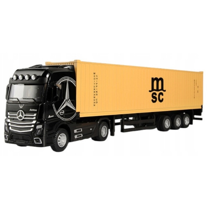Modell teherautó / modell autó Pan i Pani Gadzet RE-881 Actros, 1:43 méretarány, fém és műanyag, pótkocsival, fekete, 1 db