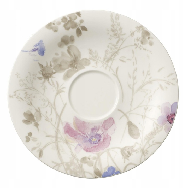 Csészealj reggelizőcsészéhez / kis tányér Villeroy&Boch Mariefleur Gris, prémium porcelán, átmérő 19 cm, mosogatógépben és mikrohullámú sütőben is használható, fehér virágmintával, 1 db
