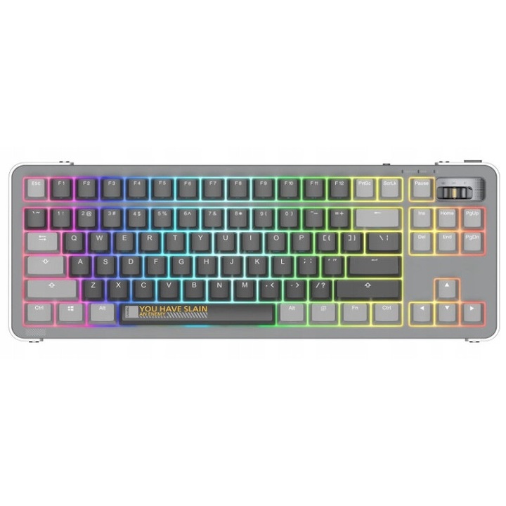 Механична геймърска клавиатура Pan i Pani Gadzet Bluetooth/2,4 GHz/USB Type-C, RGB осветление 18 режима + 4 конфигурируеми, Bluetooth 3.0/5.0 и 2,4 GHz свързаност, съвместима с 5 устройства, батерия 4000mAh, 98 клавиша, Сив/Черен