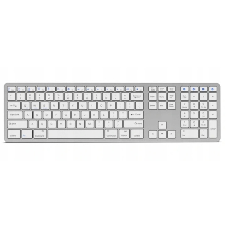 Pan i Pani Gadzet BK418 billentyűzet, teljes méretű Bluetooth 3.0, ABS, ollós mechanizmus, kompatibilis Windows/iOS/Android/Mac rendszerekkel, akár 4 eszköz csatlakoztatása, ezüst, 43,5 x 12 x 2 cm, 1 db