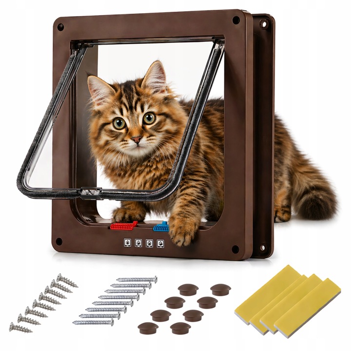Lengőajtó macskáknak és kutyáknak WTM, XL 4-utas, dupla irányú csappantyúval, 4 használati mód, Barna, 1 db.
