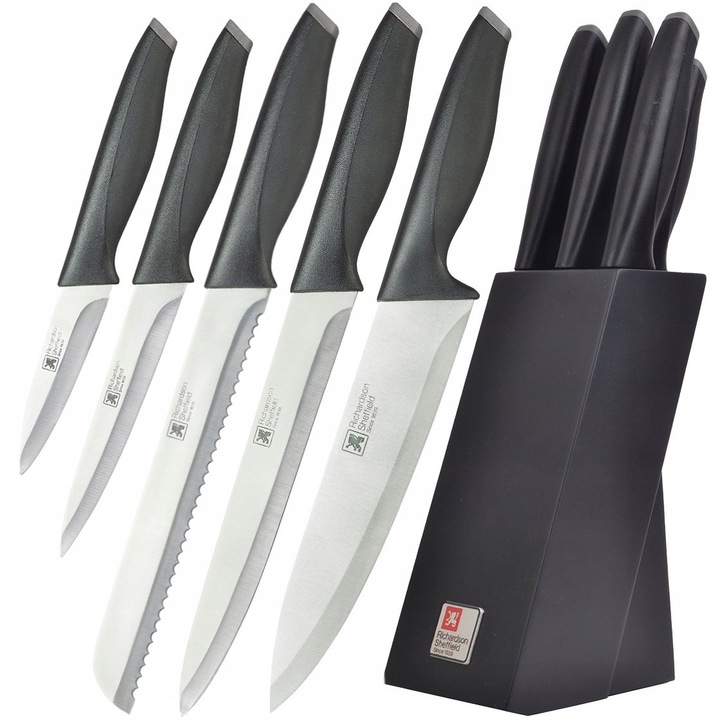 5 darabos készlet, Richardson Sheffield konyhakések, rozsdamentes acélból, nagyon éles, ergonomikus nyél, fekete tartóblokk