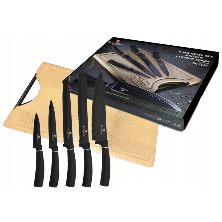 Berlinger Haus Black Silver Collection 5 részes konyhakés készlet, rozsdamentes acél tapadásmentes bevonattal, soft-touch szilikon markolat, bambusz vágódeszka, Fekete/bambusz, 5 db + 1 deszka