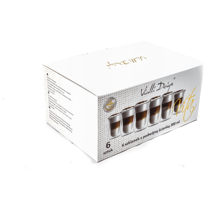 Vialli Design VITA dupla falú termikus latte pohárkészlet, boroszilikát üvegből, átlátszó, 6 x 300ml