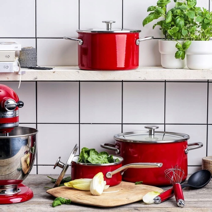 KitchenAid Steel Core Enamel edénykészlet és kiegészítők, 3,5 mm-es acélmaggal, könnyen tisztítható zománcozott belsővel, piros, 8 darab