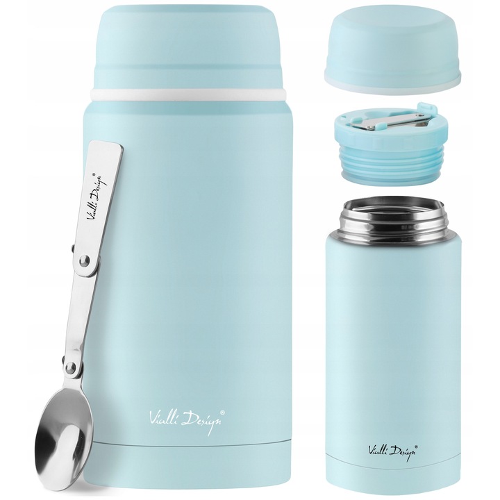 Termos pentru mancare Vialli Design Fuori, recipient termic cu izolatie vid din otel inoxidabil 18/8, cu lingura pliabila integrata, 100% etans, menta, 750 ml