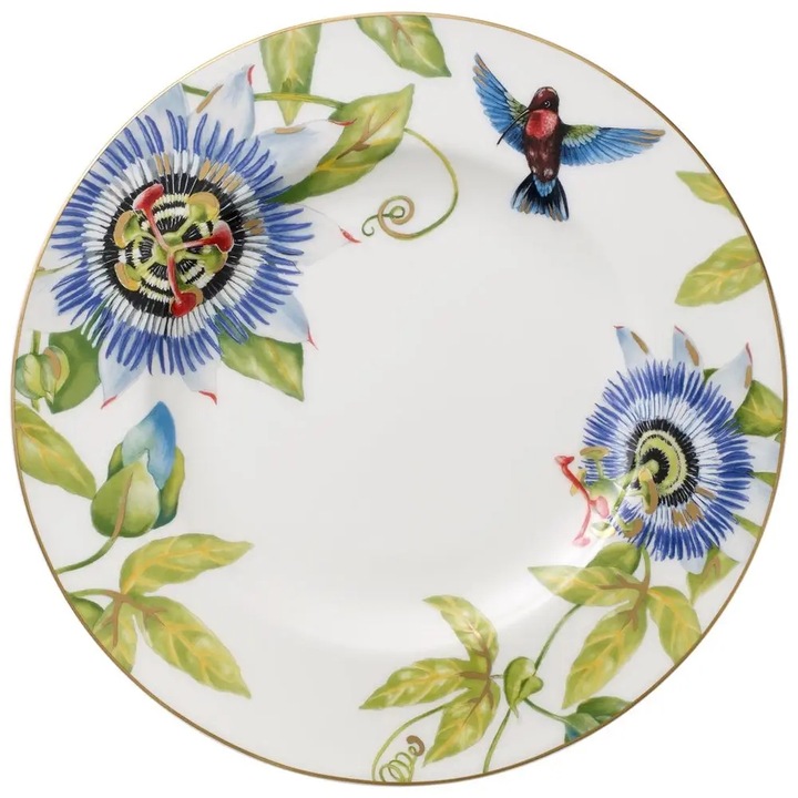 Villeroy&Boch Amazonia Anmut tányér, lapos tányér, csontporcelán, színes virágdekoráció kolibrikkel és aranyozott részletekkel, Többszínű, 28 cm