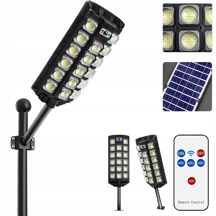 Lampa solara stradala Led 1000W, cu panou solar si pilot, senzori de miscare si lumina, IP65, Negru, 1 buc