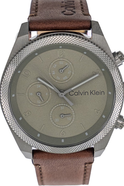 CALVIN KLEIN, Мултифункционален часовник с кожена каишка, Канела, Gunmetal
