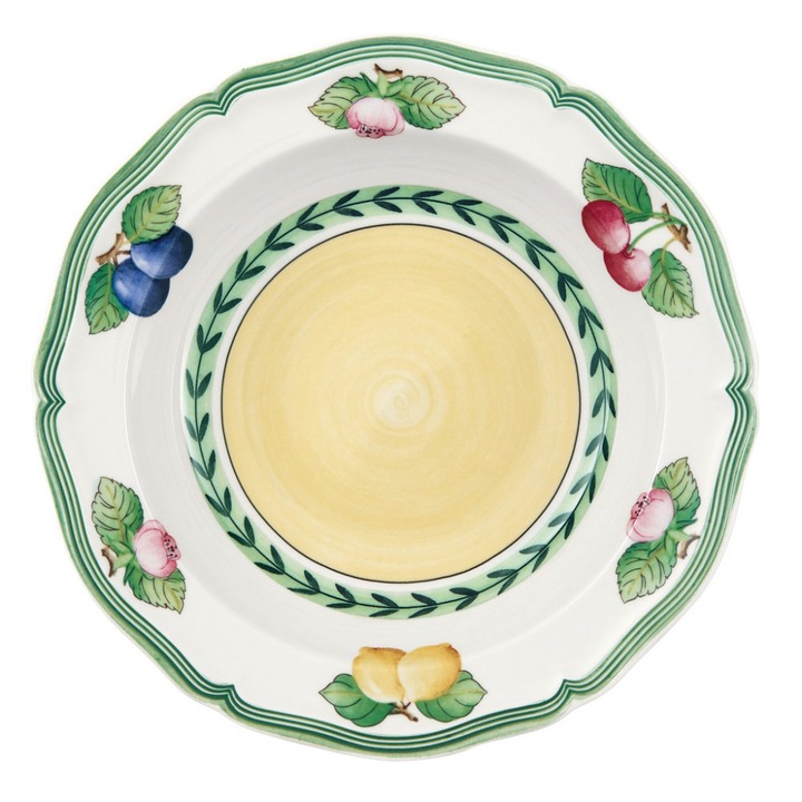 Mélytányér Villeroy&Boch French Garden Fleurence, prémium porcelánból, virágos-gyümölcsös dekorral, ideális leveshez, zöld/sárga, 20 cm