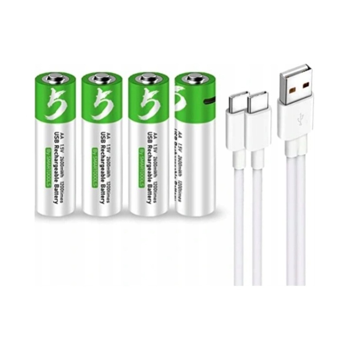Baterii AA Smartoools / acumulatori, reincarcabile, incarcare prin USB-C, cablu USB-C inclus, alb/verde, 4 bucati