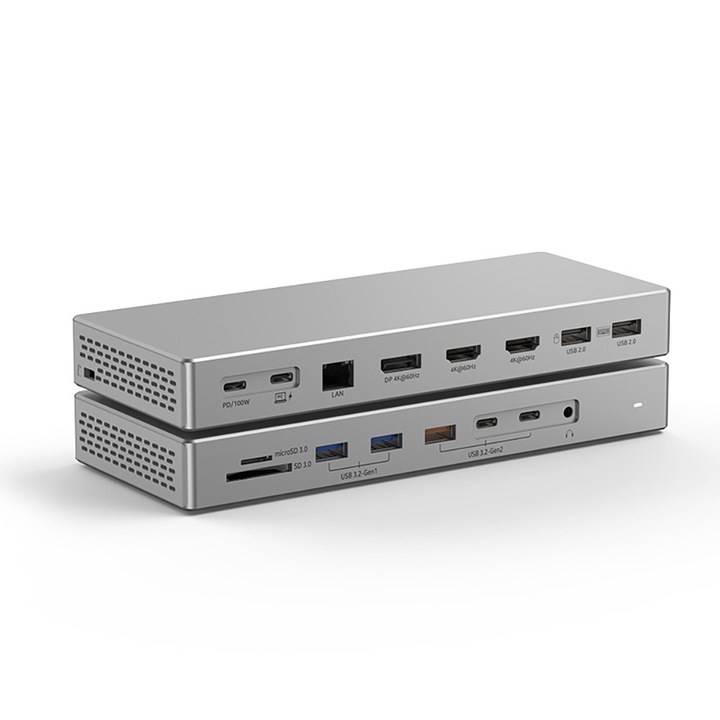 Докинг станция хъб USB C 16 в 1, JESWO®, 2x HDMI 4K 60Hz, 1x DisplayPort, USB 3.2 Gen2 10Gbps, 100W PD Power Delivery, Ethernet RJ45, четец на SD/TF карти, за лаптоп, компютър, Windows, Mac, сив