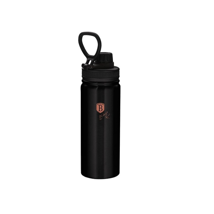 Termos/sticla termica Berlinger Haus Black Rose, otel inoxidabil, cu pereti dubli si camera de vid, capac etans cu carabiniera, negru/roz auriu, 540ml