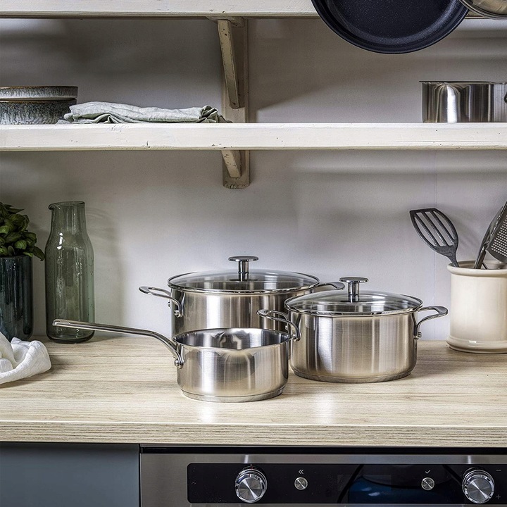 Set 5 piese, oale si cratite KitchenAid Stainless Steel, din otel inoxidabil, baza capsulata cu miez de aluminiu, compatibile cu inductie, argintiu