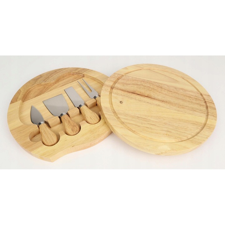 Set tocator servire branzeturi si aperitive, cu tacamuri, lemn, inox, 4 piese
