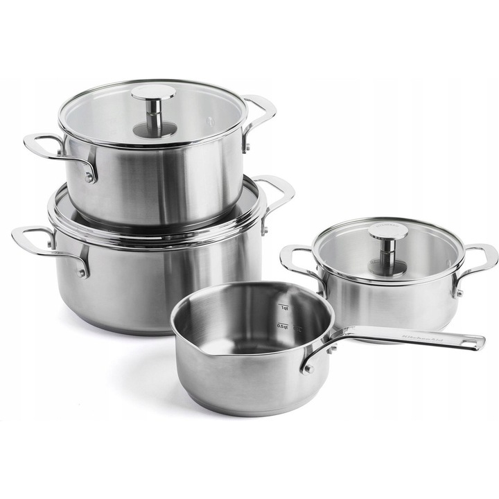 Set 7 piese, Oale din otel inoxidabil KitchenAid Stainless Steel, baza cu miez din aluminiu, capace din sticla temperata, compatibile cu inductie, argintiu