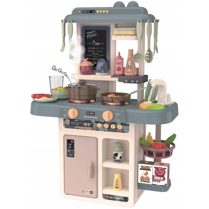 Bucatarie de jucarie Multistore Home Kitchen, set de joaca, cu efecte sonore si luminoase, generator de abur si dozator de apa, multicolor, 46 piese