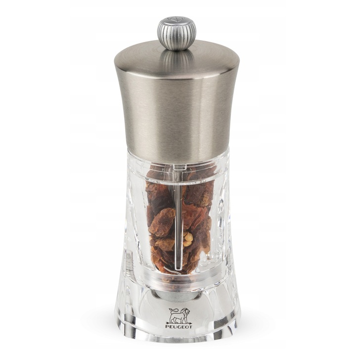 Chili daráló / őrlő Peugeot Ouessant, átlátszó akril testtel, rozsdamentes acél mechanizmussal, ezüst, 14 cm, 1 db
