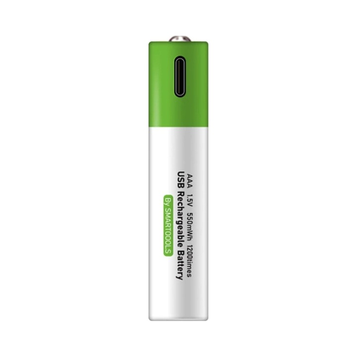 Set 4 bucati, baterii reincarcabile / acumulatori AAA Smartoools, Li-Ion 1.5V 400mAh (750mWh), incarcare USB-C rapida, pana la 1200 cicluri, verde/alb, 4 x AAA