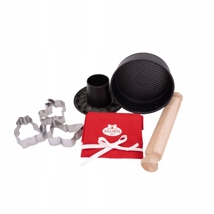 Set 7 bucati, Set de copt pentru copii Ballarini Cucinando S'impara, tava cu fund detasabil O18 cm, 3 decupatoare din otel inoxidabil, facalet din lemn, sort din bumbac, poster cu retete, Multicolor