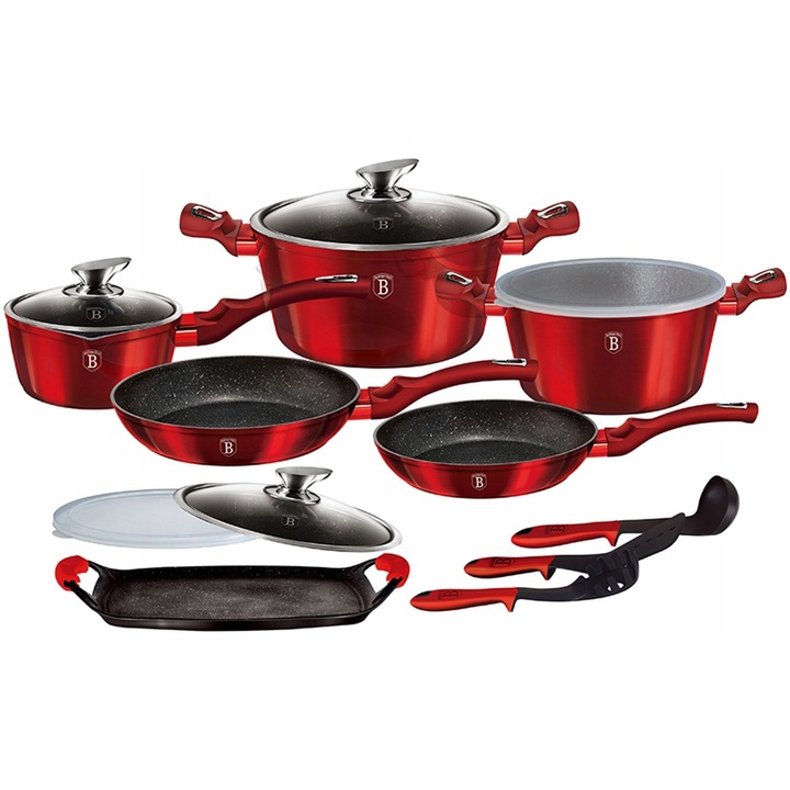 Set oale Berlinger Haus Metallic Line, 16 piese, granit, burgundy, diverse dimensiuni