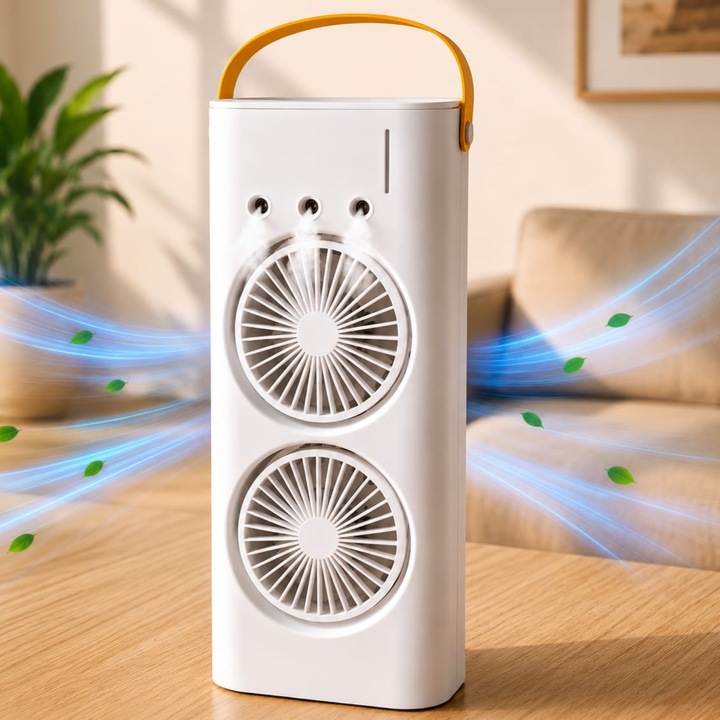 Ventilator cu Pulverizare Apa Infiniteea™, Portabil, 3 Viteze, Pulverizare Dubla, Oscilatie 180°, Rezervor 280 ml, LED RGB, USB, Silentios, Mini Air Cooler pentru Casa, Birou, Dormitor, Camping, Alb