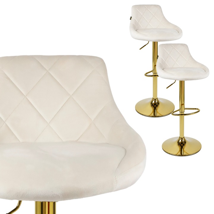 Set 2 scaune bar rotative Sherry Viking, velur crem, picioare aurii, reglabile pe inaltime, pentru bucatarie si bar