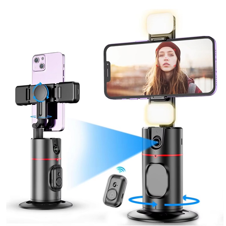 Suport telefon inteligent cu urmarire faciala AI, rotatie 360°, control prin gesturi, telecomanda wireless, gimbal pentru TikTok, live streaming, vlog si video call