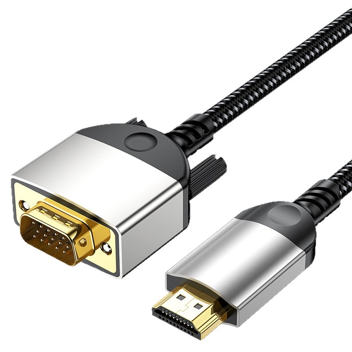 HDMI-VGA kábel, JESWO®, 1,5 m, 1080p/60 Hz, Plug-and-play, egyirányú átvitel, alkalmas PC/laptop/DVD/set-top box/lejátszó/videokamera számára, alumínium, Ezüst