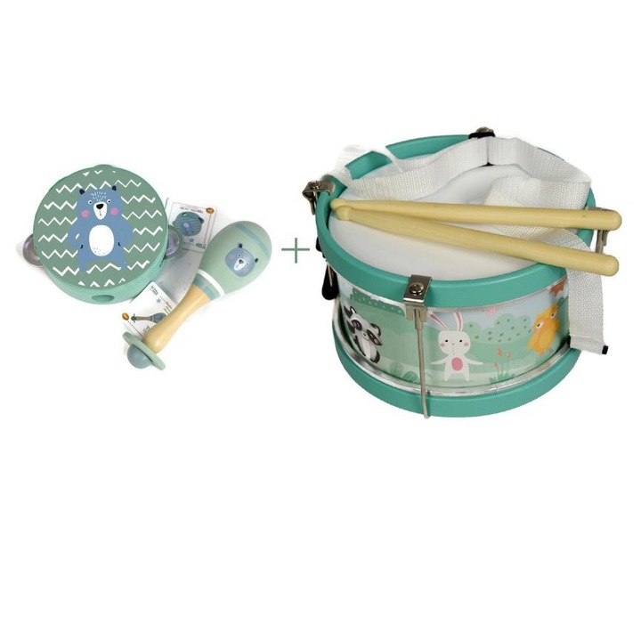 Adam Toys ZEST1_ADAMTOYS hangszerkészlet, fából, dob állítható pánttal 48-92 cm, tamburin és maracas kis kezeknek, Többszínű, 3 darab