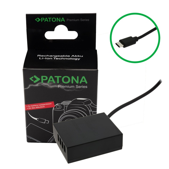 Adaptor Alimentare PATONA Premium USB-C pentru Fujifilm NP-W126S, Dummy Battery pentru X-T1, X-T3, X-Pro3, X-H1, X100F, Cablu 40 cm