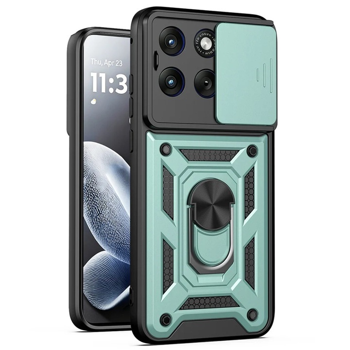 Husa pentru Motorola Edge 70 Fusion, protectie camere, Inel magnetic, set cu sticker, CamShield, Verde